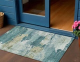 3' X 5' Teal Blue And Beige Abstract Washable Indoor Outdoor Area Rug