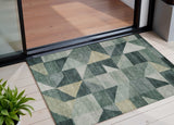 3' X 5' Artichoke Green And Wheat Geometric Washable Indoor Outdoor Area Rug