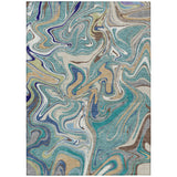 5' X 8' Teal Blue Gold And Ivory Abstract Washable Indoor Outdoor Area Rug