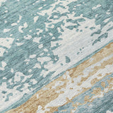 3' X 5' Teal Blue Ivory And Khaki Striped Washable Indoor Outdoor Area Rug