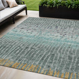 5' X 8' Teal Blue Gold And Gray Abstract Washable Indoor Outdoor Area Rug