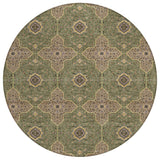8' Olive Green Brown And Gold Round Quatrefoil Washable Indoor Outdoor Area Rug