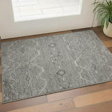3' X 5' Pewter Gray And Silver Floral Washable Area Rug With UV Protection