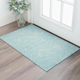 3' X 5' Sky Blue And Ivory Floral Washable Area Rug With UV Protection