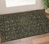 3' X 5' Charcoal Olive Green And Silver Floral Washable Area Rug With UV Protection