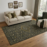 5' X 8' Charcoal Olive Green And Silver Floral Washable Area Rug With UV Protection