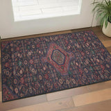 3' X 5' Navy Blue Teal And Blush Floral Washable Area Rug With UV Protection