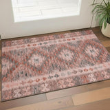 3' X 5' Terra Cotta Gray And Silver Geometric Washable Area Rug With UV Protection