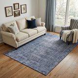 5' X 8' Navy Blue And Silver Oriental Washable Area Rug With UV Protection