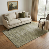 5' X 8' Olive Green And Silver Oriental Washable Area Rug With UV Protection