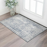 3' X 5' Navy Blue And Silver Oriental Washable Area Rug With UV Protection