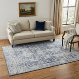 5' X 8' Navy Blue And Silver Oriental Washable Area Rug With UV Protection