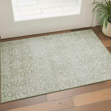 3' X 5' Artichoke Green And Ivory Damask Washable Area Rug With UV Protection