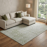 8' Artichoke Green And Ivory Damask Washable Area Rug With UV Protection