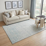 5' X 8' Aqua And Ivory Damask Washable Area Rug With UV Protection