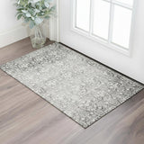 3' X 5' Charcoal And Ivory Damask Washable Area Rug With UV Protection