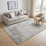5' X 8' Charcoal And Ivory Damask Washable Area Rug With UV Protection