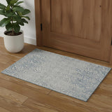 3' X 5' Denim Blue And Ivory Damask Washable Area Rug With UV Protection