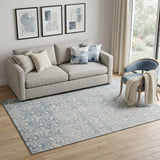 5' X 8' Denim Blue And Ivory Damask Washable Area Rug With UV Protection