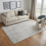 5' X 8' Gray And Ivory Damask Washable Area Rug With UV Protection