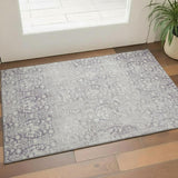 3' X 5' Plum And Ivory Damask Washable Area Rug With UV Protection