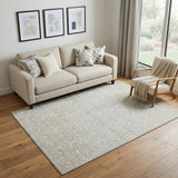 5' X 8' Tan And Ivory Damask Washable Area Rug With UV Protection