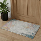 3' X 5' Teal Pink And Gold Abstract Washable Area Rug With UV Protection