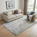 5' X 8' Artichoke Green Gray And Purple Abstract Washable Area Rug With UV Protection