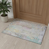 3' X 5' Taupe Teal And Purple Abstract Washable Area Rug With UV Protection