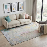 5' X 8' Taupe Teal And Purple Abstract Washable Area Rug With UV Protection