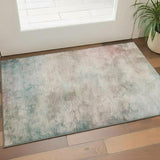 3' X 5' Taupe Blush And Teal Abstract Washable Area Rug With UV Protection