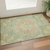 3' X 5' Artichoke Green Copper And Gold Floral Washable Area Rug With UV Protection
