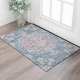 3' X 5' Blue Blush And Ivory Floral Washable Area Rug With UV Protection
