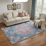 5' X 8' Blue Blush And Ivory Floral Washable Area Rug With UV Protection
