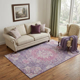 5' X 8' Purple Beige And Ivory Floral Washable Area Rug With UV Protection