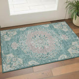 3' X 5' Teal Blush And Ivory Floral Washable Area Rug With UV Protection