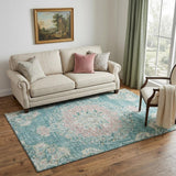 5' X 8' Teal Blush And Ivory Floral Washable Area Rug With UV Protection
