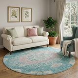 8' X 8' Teal Blush And Ivory Floral Washable Round Rug With UV Protection