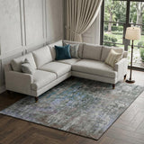 8' Fern Green Blue And Beige Abstract Washable Area Rug With UV Protection