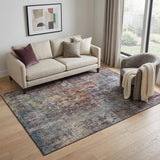 5' X 8' Pewter Gold And Eggplant Abstract Washable Area Rug With UV Protection