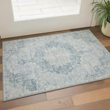 3' X 5' Blue And Ivory Floral Washable Area Rug With UV Protection