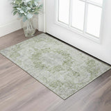 3' X 5' Olive Green And Silver Oriental Washable Area Rug With UV Protection