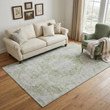 5' X 8' Olive Green And Silver Oriental Washable Area Rug With UV Protection