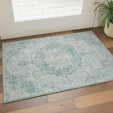 3' X 5' Teal And Silver Oriental Washable Area Rug With UV Protection