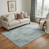 5' X 8' Teal And Silver Oriental Washable Area Rug With UV Protection