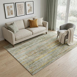 5' X 8' Sage Ivory And Gold Striped Washable Area Rug With UV Protection