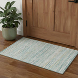 3' X 5' Teal Ivory And Gold Striped Washable Area Rug With UV Protection