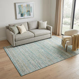5' X 8' Teal Ivory And Gold Striped Washable Area Rug With UV Protection