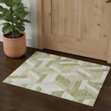 3' X 5' Artichoke Green Ivory And Wheat Geometric Washable Area Rug With UV Protection