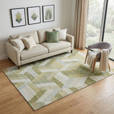 5' X 8' Artichoke Green Ivory And Wheat Geometric Washable Area Rug With UV Protection